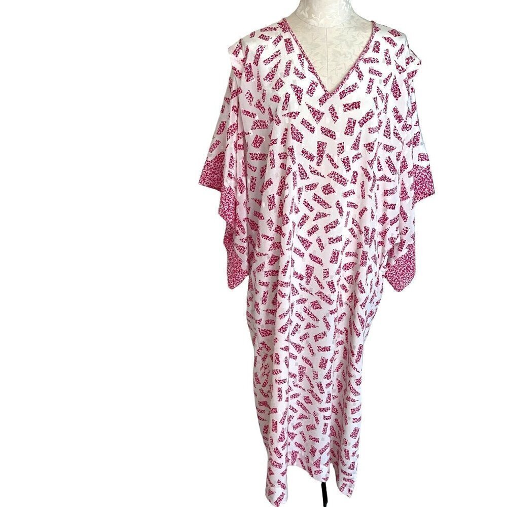 Handmade Kimono Sleeve Kaftan Womens One Size OSFM Vintage V Neck Pink White